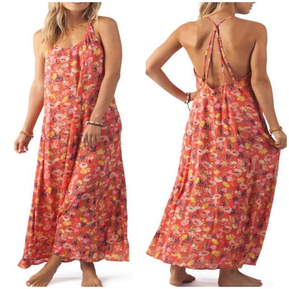 Rip Curl Meadowbrook Maxi Dress, coral base with multicolor floral pattern, S